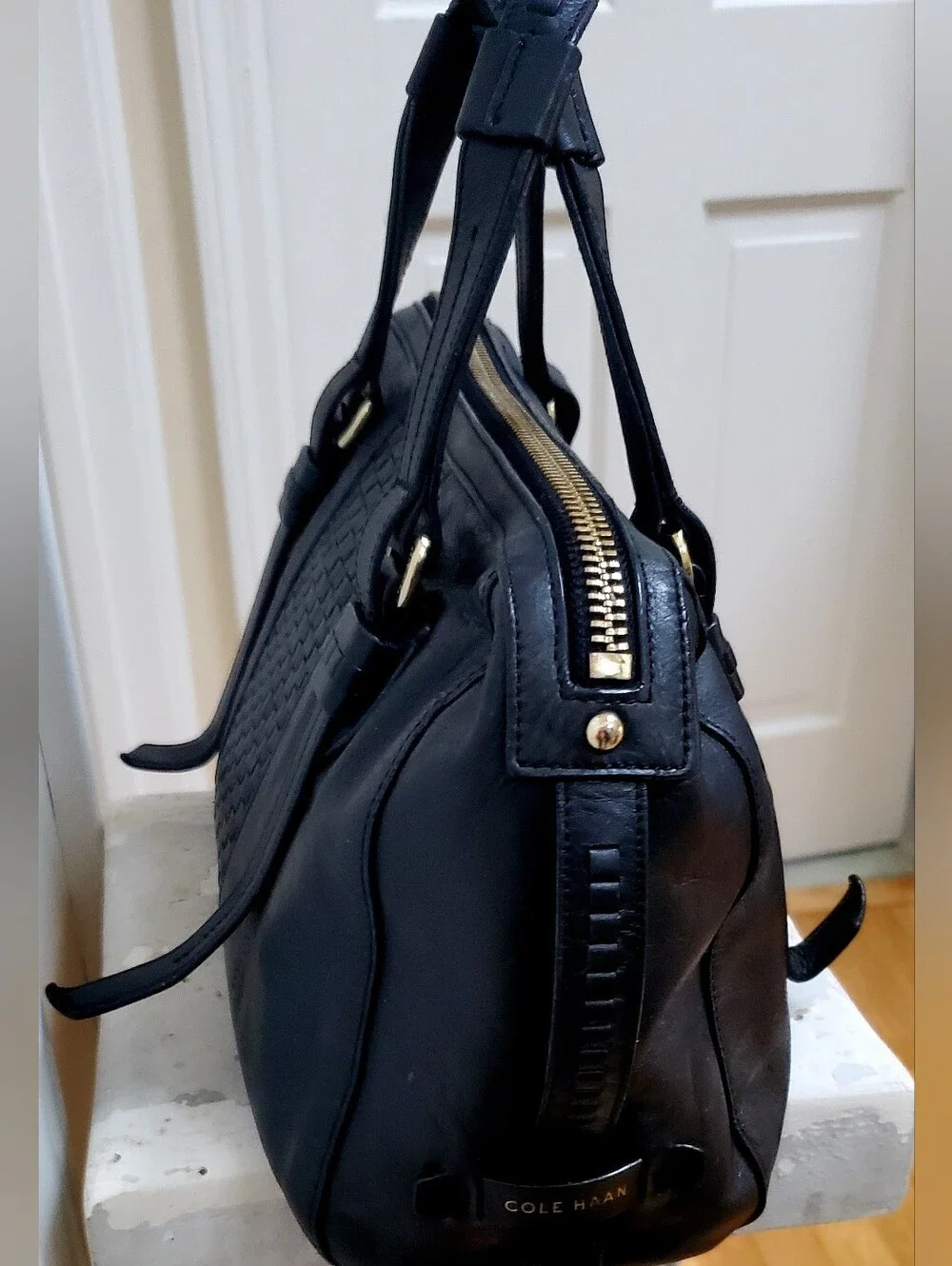 Cole Haan Black Woven Leather Satchel with Gold Hardware